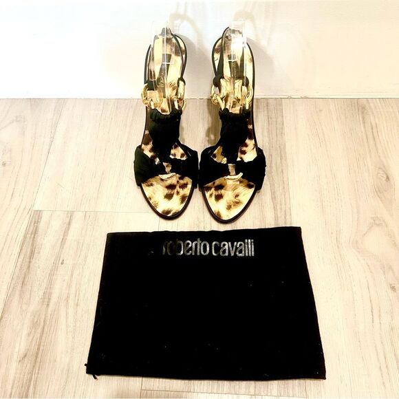 Roberto Cavalli Black and Gold Heels with Animal Print sz 11/41 - Picture 5 of 11